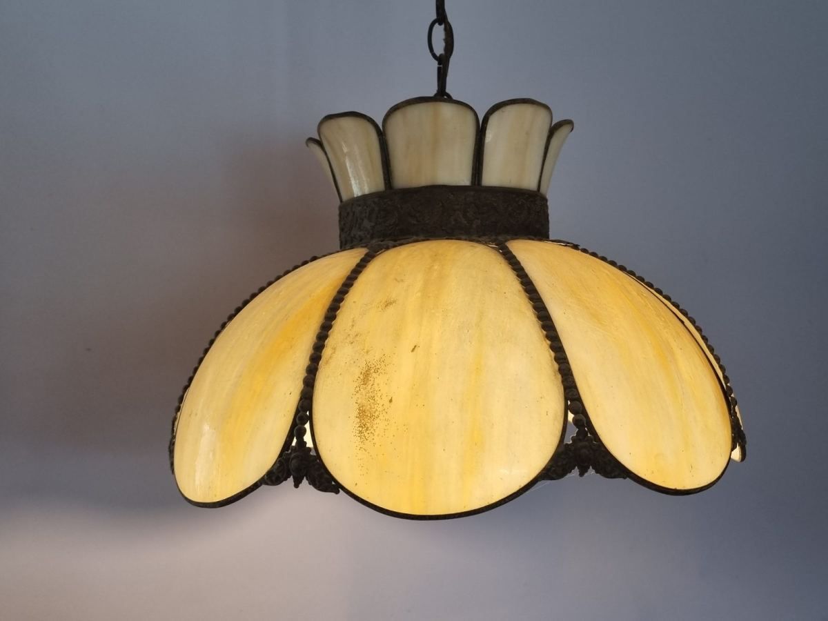 Vintage Cream Slag Glass Flower Pendant Light - 1960s/70s Tulip Style