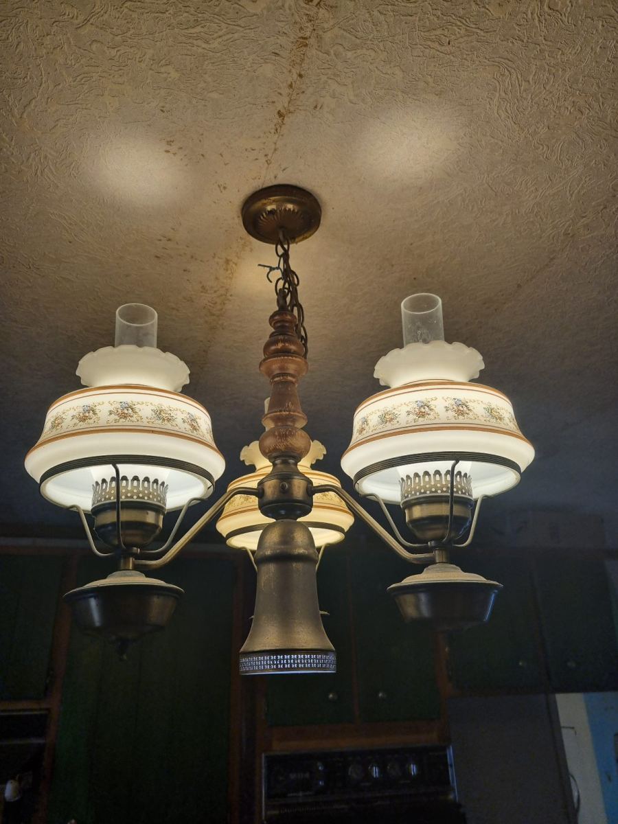 Vintage 3-Light Floral Milk Glass Chandelier - Oil Lamp Style